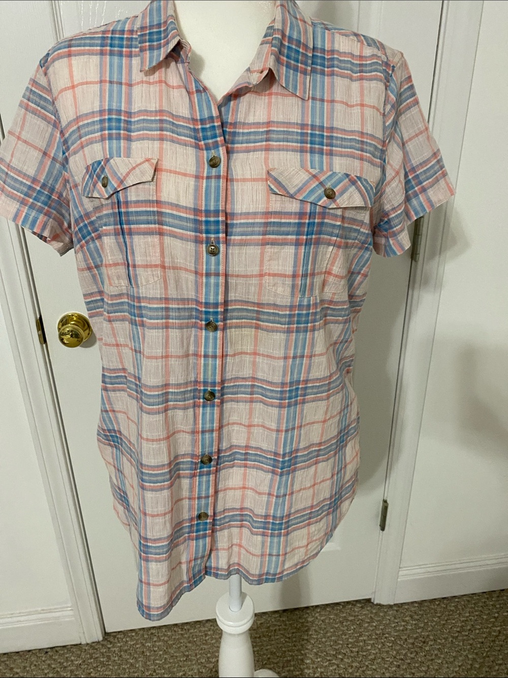 Eddie Bauer Coral & Blue Plaid Button-Up Shirt
